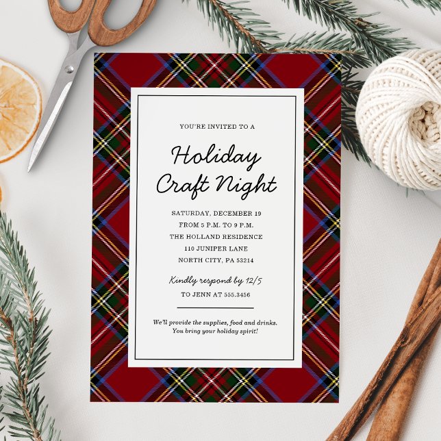 Classic Red Tartan Holiday Craft Night Party Invitation (Creator Uploaded)