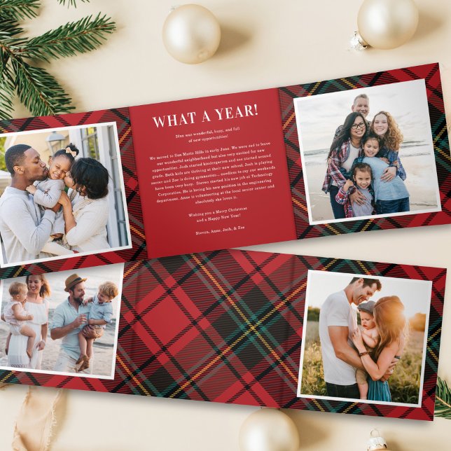 Classic Red Tartan Multi-Photo Folded Holiday Card (Creator Uploaded)