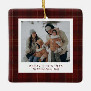 Classic Red Tartan Plaid Family 4 Photo Holiday Ceramic Ornament