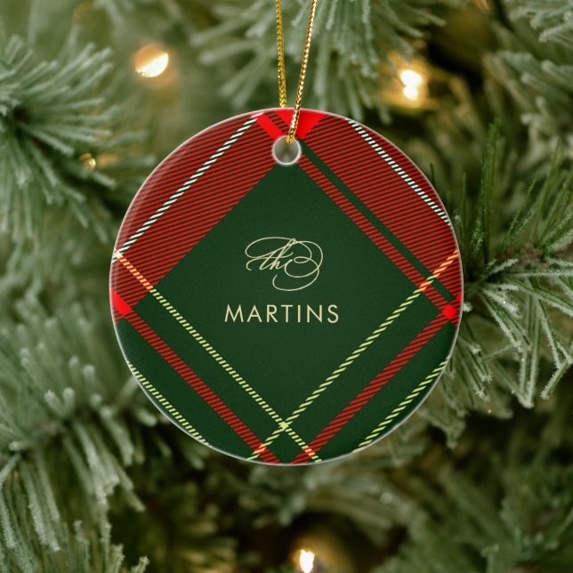 Classic Red Tartan Plaid Name and Photo Christmas Ceramic Ornament (Tree)