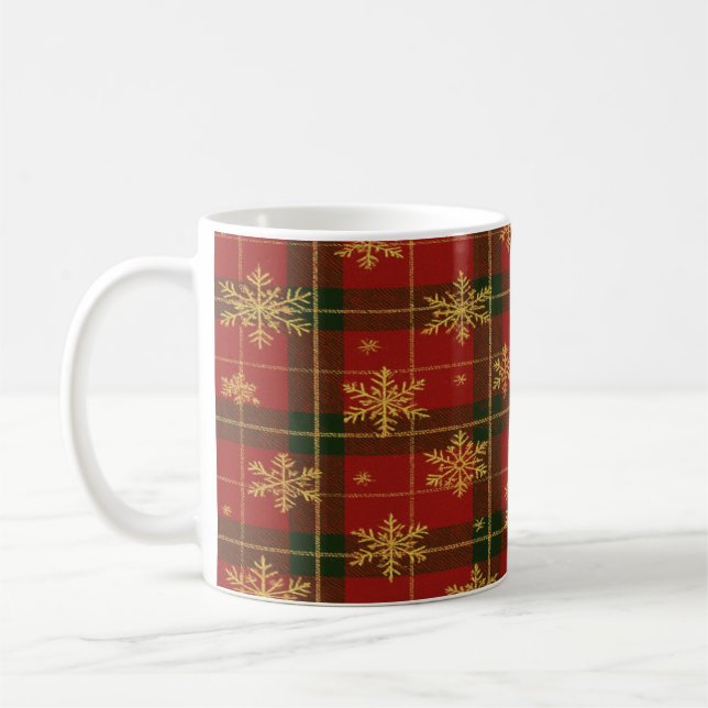 Classic Red Tartan with Golden Snowflakes Coffee Mug (Left)