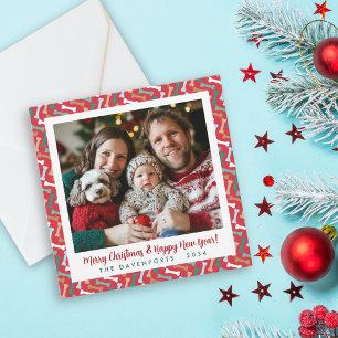 Classic Red & Teal Dog Bone Pattern Family Photo Holiday Card