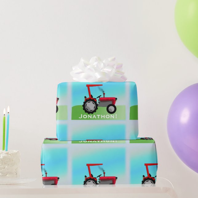 Classic Red Tractor "Happy Birthday, Name" Wrapping Paper (Party Gifts)
