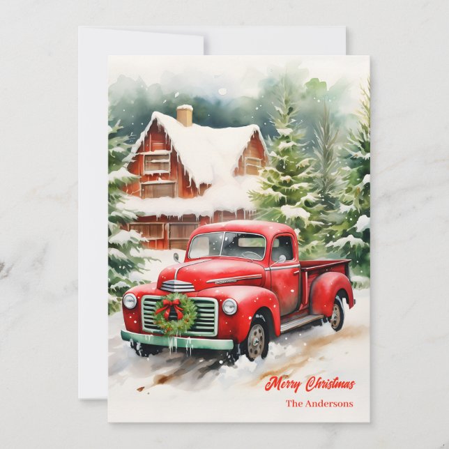 Classic red truck Christmas wreath scene Holiday Card (Front)