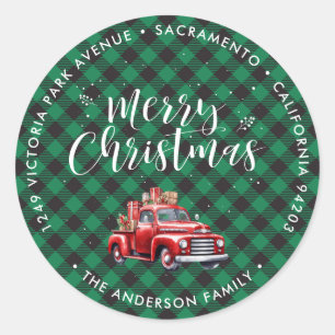 Classic Red Truck Green Christmas Return Address Round Sticker