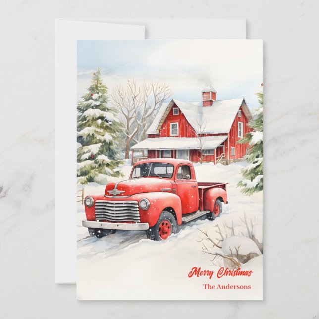 Classic red truck snowy cosy Christmas scene Holiday Card (Front)