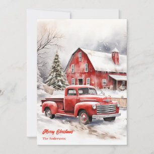 Classic red truck snowy cosy Christmas scene Holiday Card