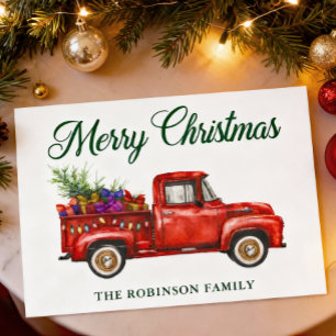 Classic Red Truck Tree Gifts Christmas Family Name Holiday Card