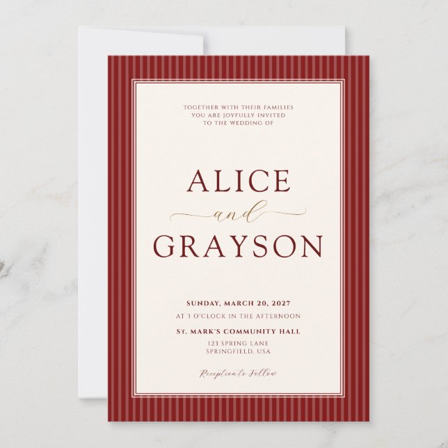 Classic Red Velvet Script Striped Wedding Invitati Invitation (Front)