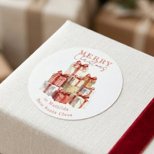 Classic Red Watercolor Gifts From Santa Claus Round Sticker