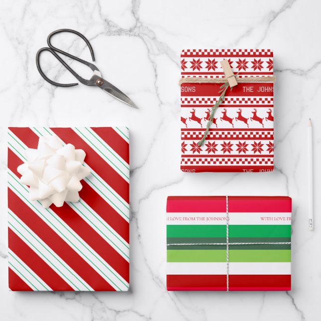 Classic Red White and Green Christmas Collection Wrapping Paper Sheet (Front)