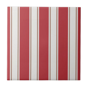 Classic Red, White and Mocha Mouse Stripes Ceramic Tile