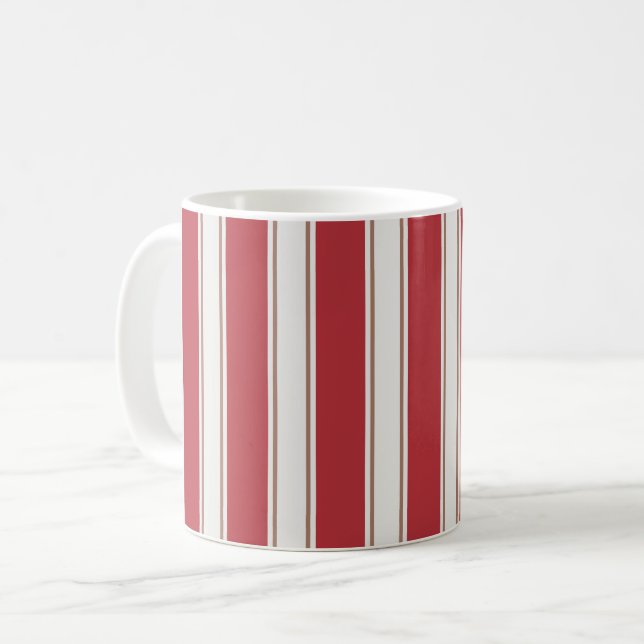Classic Red, White and Mocha Mouse Stripes Coffee Mug (Front Left)