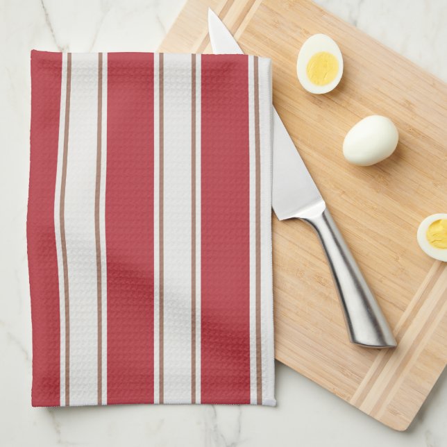 Classic Red, White and Mocha Mouse Stripes Tea Towel (Quarter Fold)