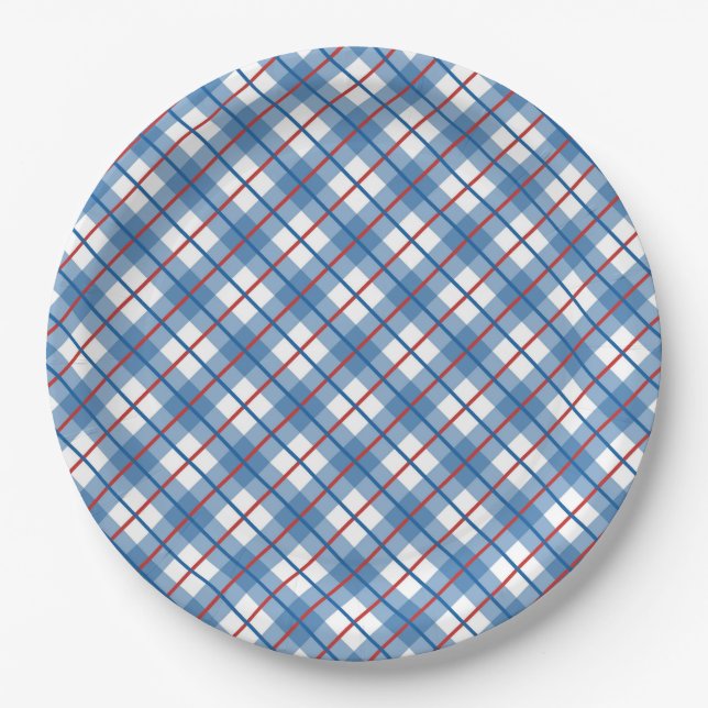 Classic Red White Blue Plaid 4th July Plate (Front)