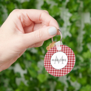 Classic Red White Checks Plaid Monogram Name Key Ring