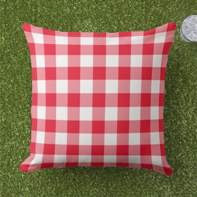 Classic Red White Gingham Plaid Check Cushion (Grass)