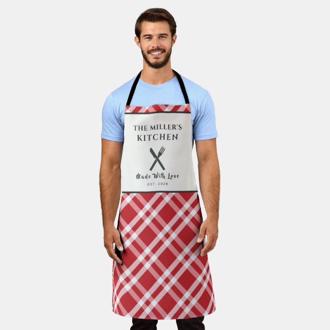 Classic Red White Gingham Plaid Personalised Apron (Worn)