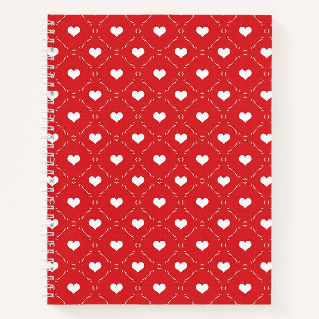 Classic Red White Heart Geometric Lattice Notebook (Front)