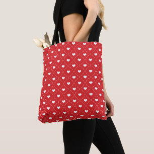 Classic Red White Heart Geometric Lattice Tote Bag