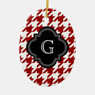 Classic Red White Houndstooth With Monogram Ceramic Tree Decoration