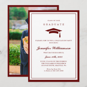 Classic Red & White Script Graduation Photo Invitation