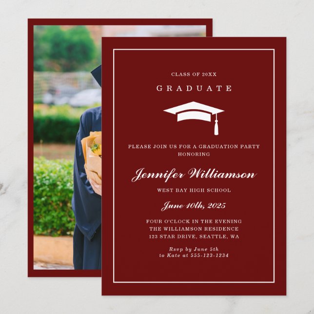 Classic Red & White Script Graduation Photo Invitation (Front/Back)