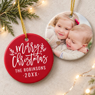 Classic Red White Script Merry Christmas Photo Ceramic Tree Decoration