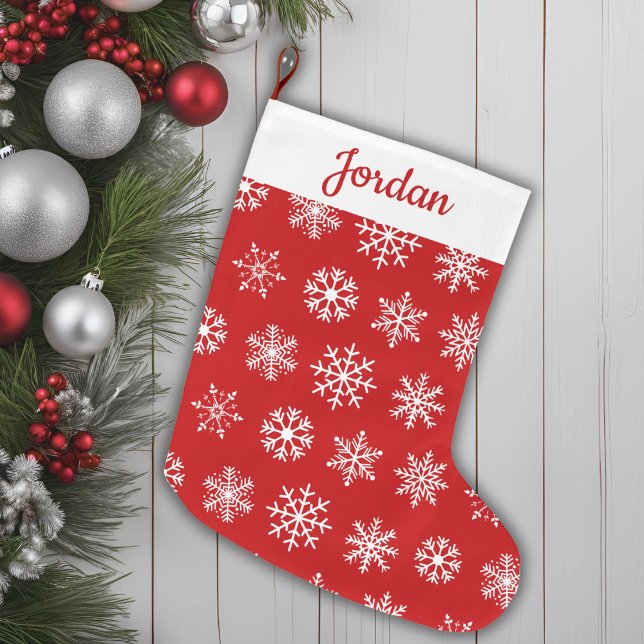 Classic Red & White Snowflake Pattern Personalised Large Christmas Stocking (Classic Red & White Snowflake Pattern Personalized Large Christmas Stocking)