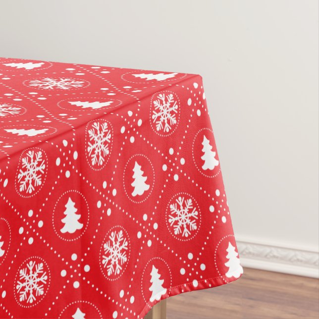 Classic Red White Snowflakes Christmas Trees Tablecloth (In Situ)