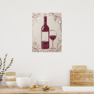 Classic Red Wine Bottle and Glass Elegant Botanica Poster