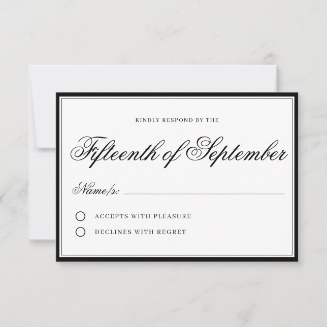 Classic Regal Black Elegant Script Minimalist RSVP Card (Front)