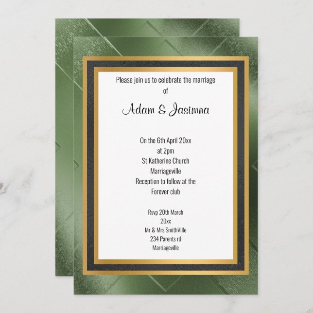 CLASSIC REGAL GREEN BLACK GOLD LAYER WEDDING INVITATION (Front/Back)