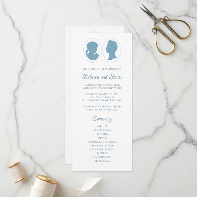 Classic Regency Blue Cameo Wedding Ceremony Program (Front/Back In Situ)