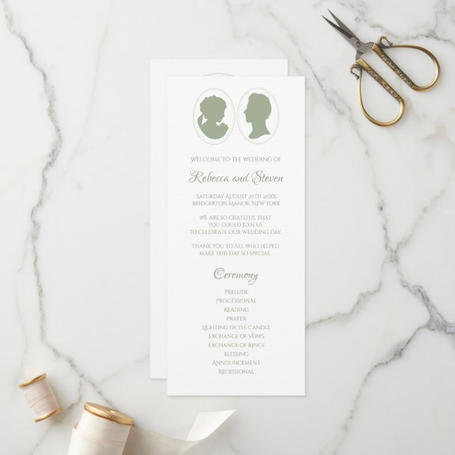 Classic Regency Green Cameo Wedding Ceremony Program (Front/Back In Situ)