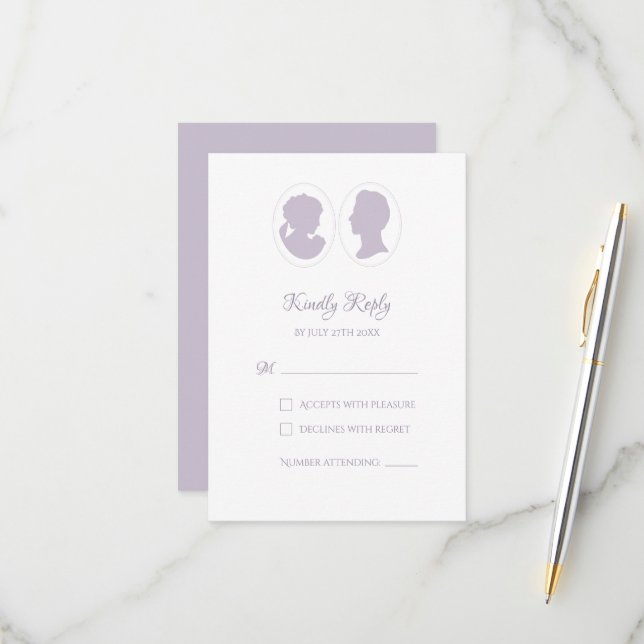Classic Regency Purple Cameo Wedding RSVP Card (Front/Back In Situ)