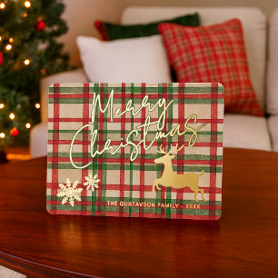 Classic Reindeer On Dark Green Red Plaid Gold Foil Holiday Card