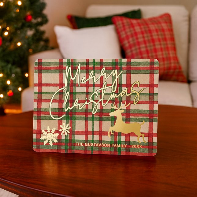 Classic Reindeer On Dark Green Red Plaid Gold Foil Holiday Card (Creator Uploaded)