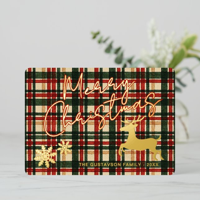 Classic Reindeer On Dark Green Red Plaid Gold Foil Holiday Card (Standing Front)