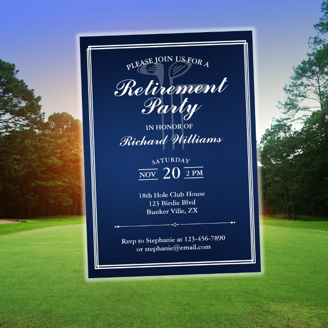 Classic Retirement Golf Theme Blue White Invitation (Creator Uploaded)