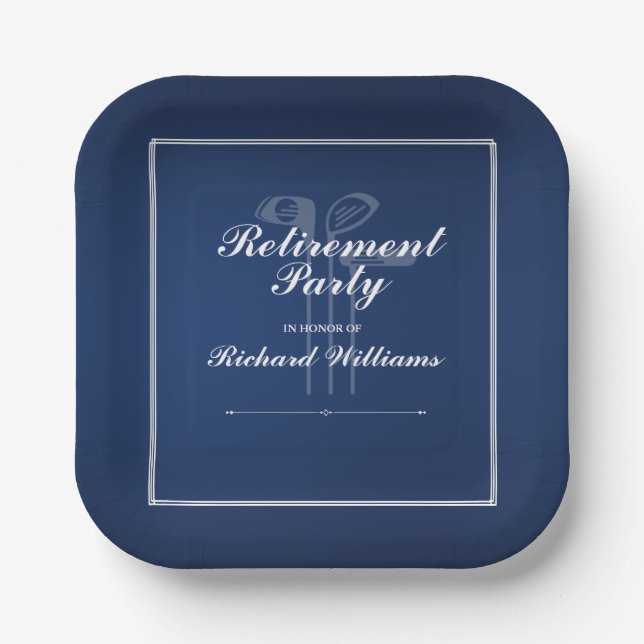 Classic Retirement Golf Theme Blue White Paper Plate (Front)