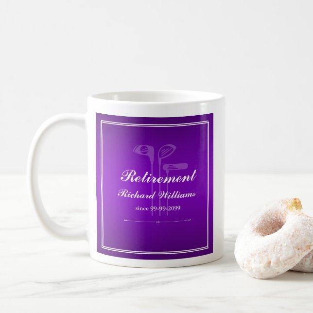 Classic Retirement Golf Theme Purple White Coffee Mug (With Donut)