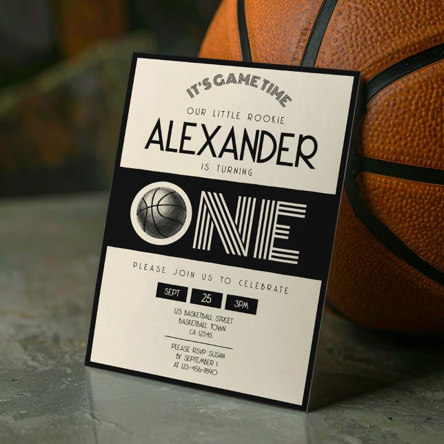 Classic Retro Black Basketball 1st Birthday Invitation (Creator Uploaded)