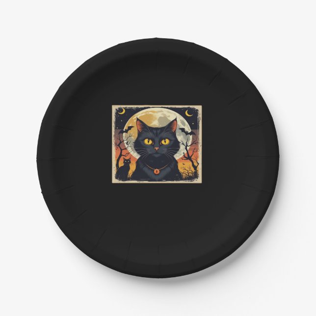 Classic Retro Black Cat Halloween T-Shirt Classic  Paper Plate (Front)