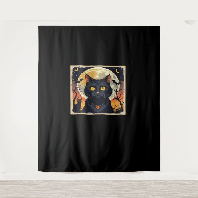 Classic Retro Black Cat Halloween T-Shirt Classic  Tapestry (Front)