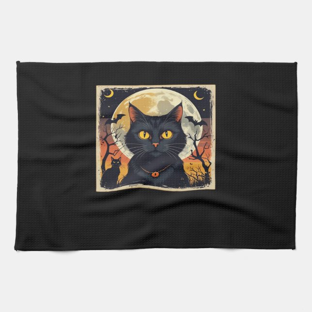 Classic Retro Black Cat Halloween T-Shirt Classic  Tea Towel (Horizontal)