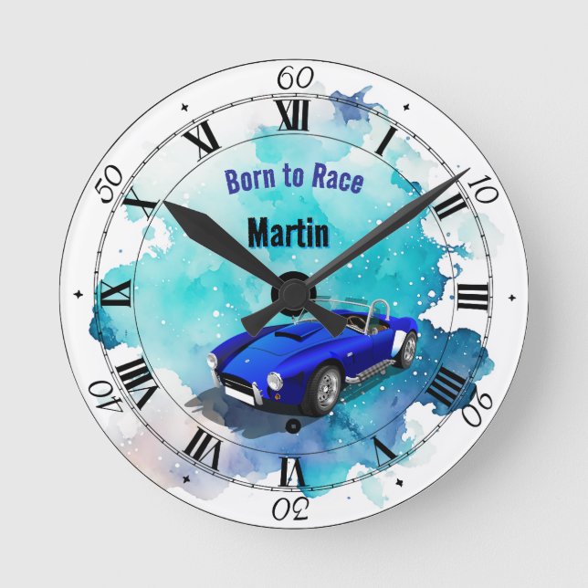 Classic Retro Blue Sports Car Birthday Adventure H Round Clock (Front)