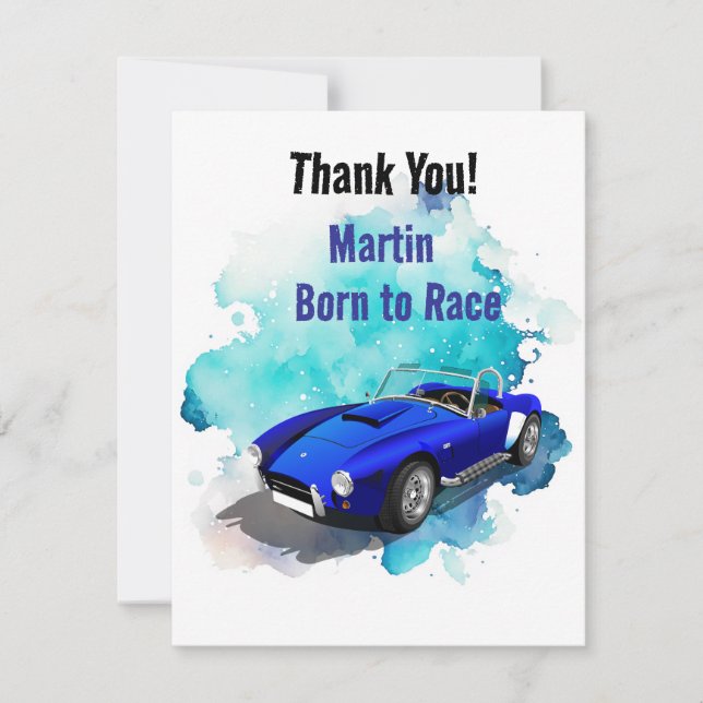 Classic Retro Blue Sports Car Birthday Adventure H Thank You Card (Front)