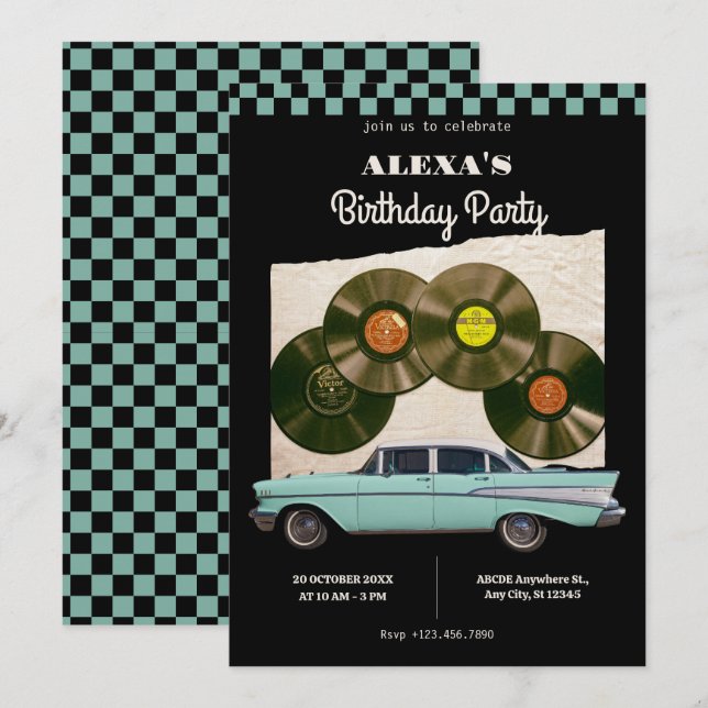 Classic retro car birthday invitation (Front/Back)