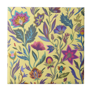 Classic retro colourful Victorian flowers l Yellow Ceramic Tile